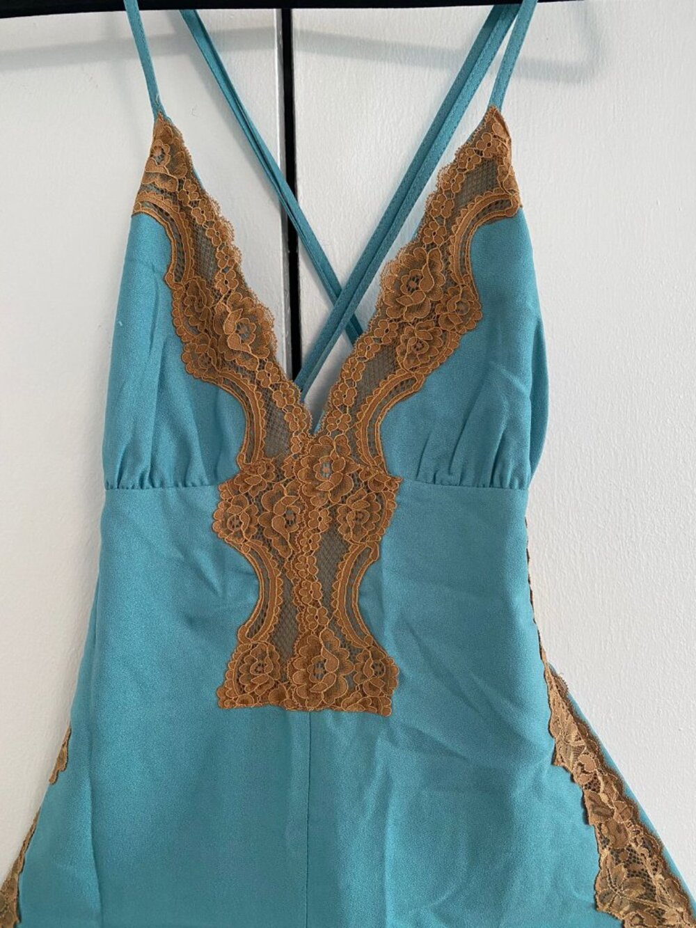 Teal Lace-Trim Wide-Leg Jumpsuit (Deep V / Crisscross Back)
